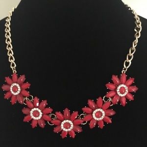 Red Flower Necklace With Rhinestones